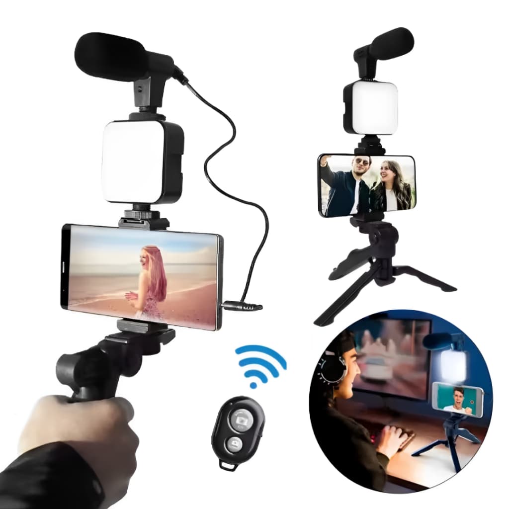 Kit de Filmagem e Video Maker Fotografia Luz Tripé Iluminador Microfone + Controle Bluetooth