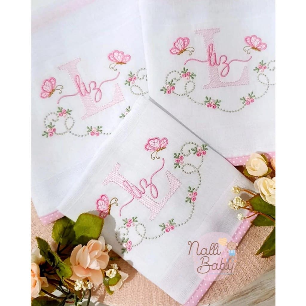 Kit Fraldas Personalizadas Ramos Alfabeto Nome Sobreposto | Fralda de Boca | Fralda Ombro| Enxugador | Fralda Passeio