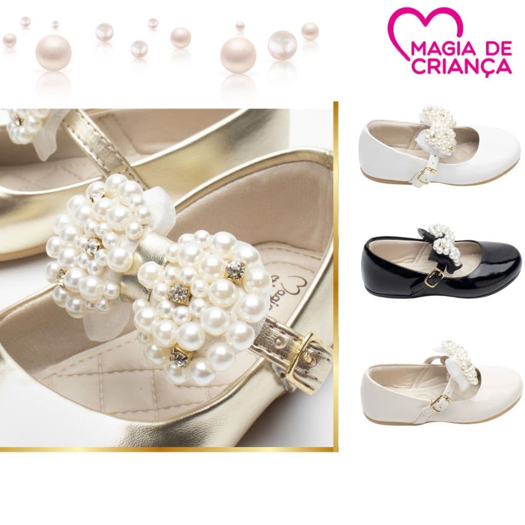Sapatilha Infantil Menina Boneca Confortável Batizado Laço Casamento Daminha Brilho Pérola Strass