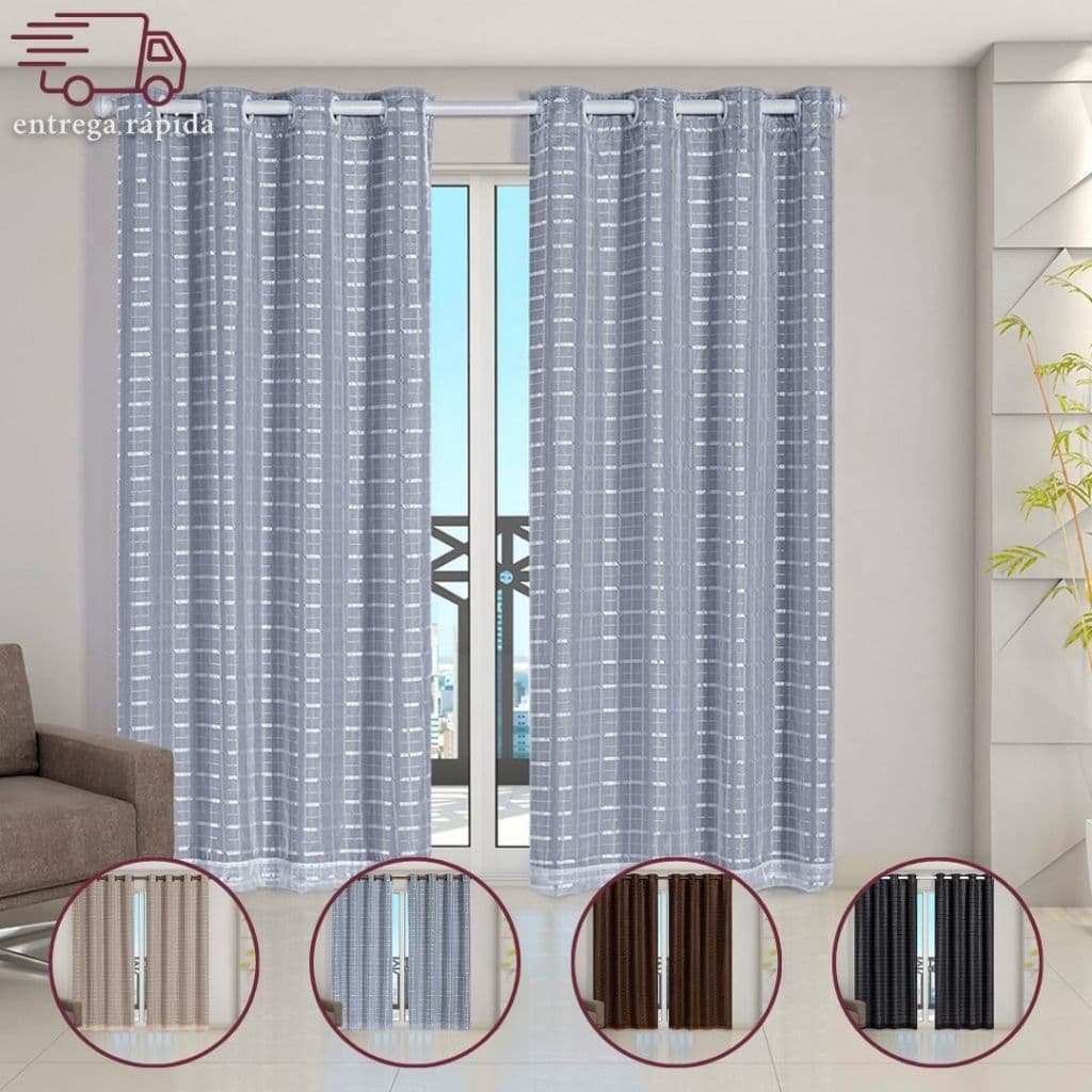 Cortina Blackout Cinza com Voil Xadrez Diferentes Tamanhos