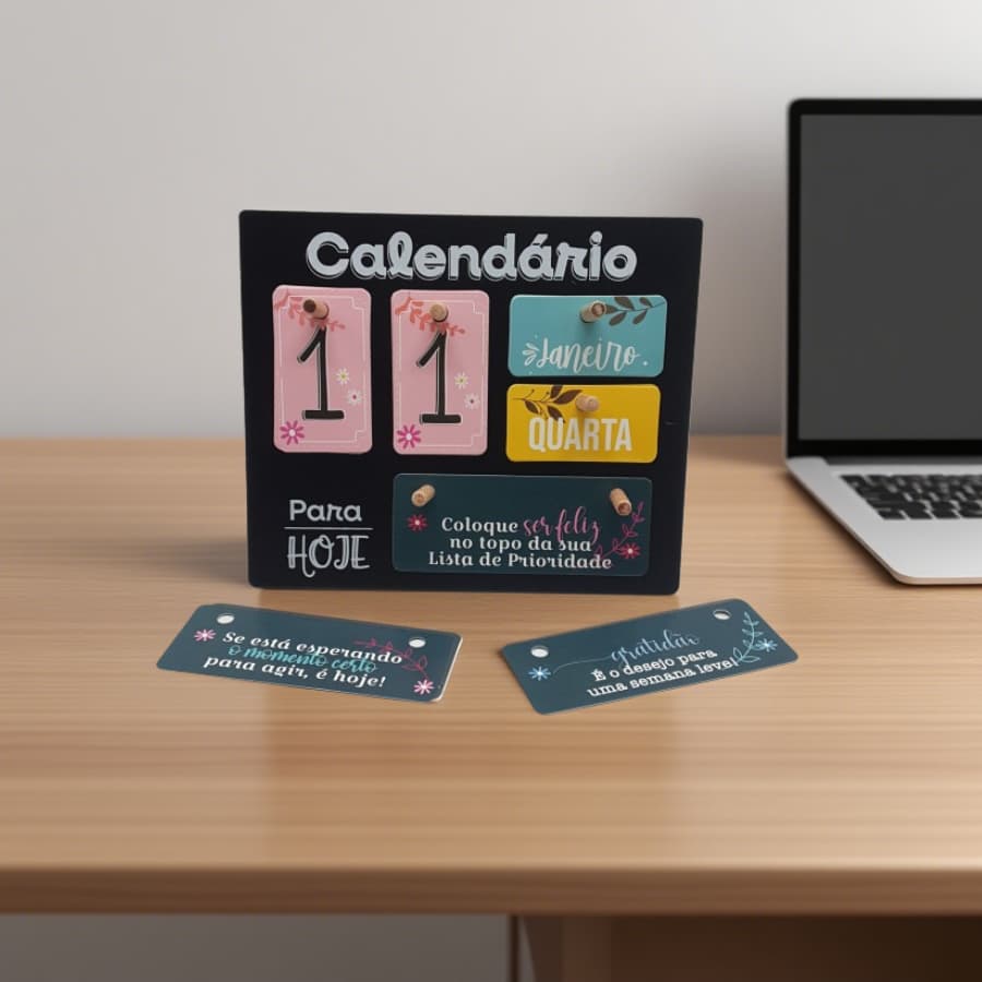 Calendário de Mesa Decorativo com Plaquinhas Permanente Preto Branco Escritório Home Office