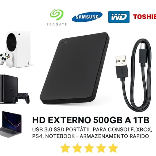 HD Externo Portátil NOVO 1TB ou 500GB USB 3.0 Super Rápido Para Notebook Xbox PS4 PS5 Backup de Fotos Vídeos Games Case