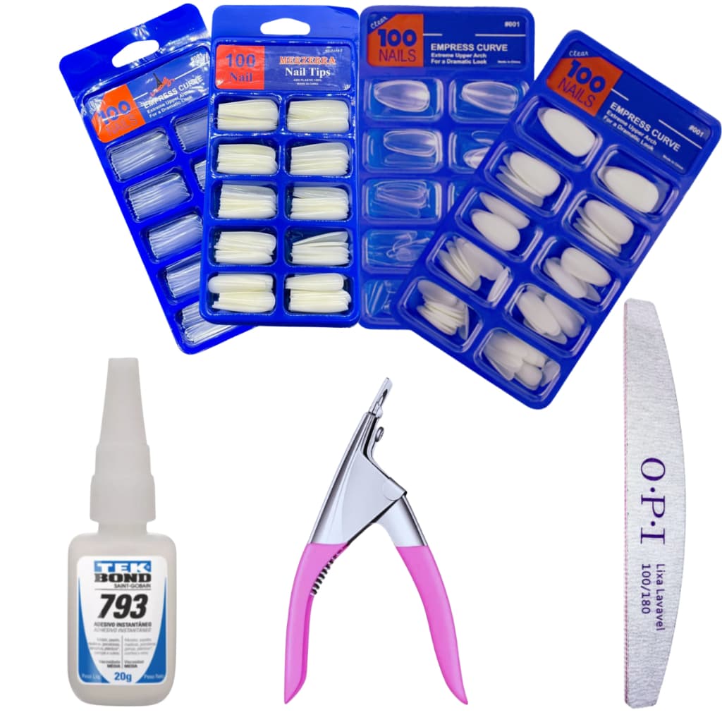 Kit Alongamento Unhas Profissional | 100 Unhas Postiças + Cola Tekbond 793 + Alicate + Lixa