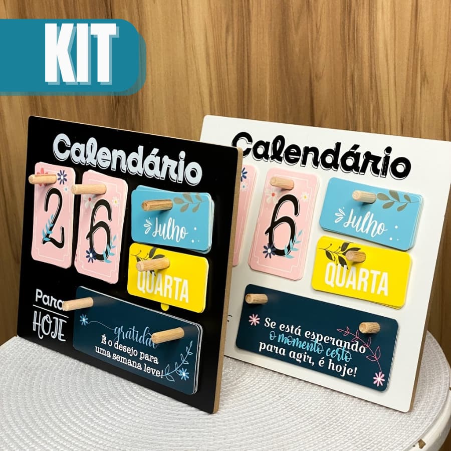 KIT 2 Calendário de Mesa Decorativo de Madeira com Plaquinhas Permanente Colorido Escritório