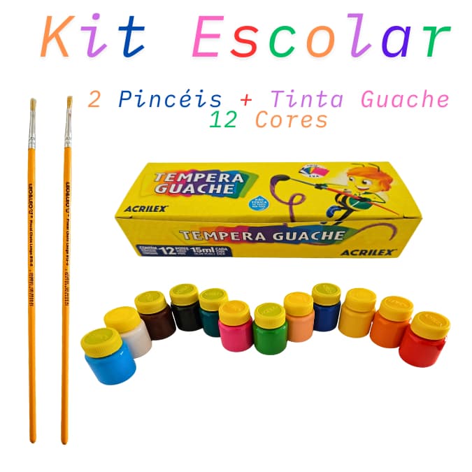 Kit Criativo 12 Cores Tinta Guache Acrilex + 2 Pincéis de Qualidade