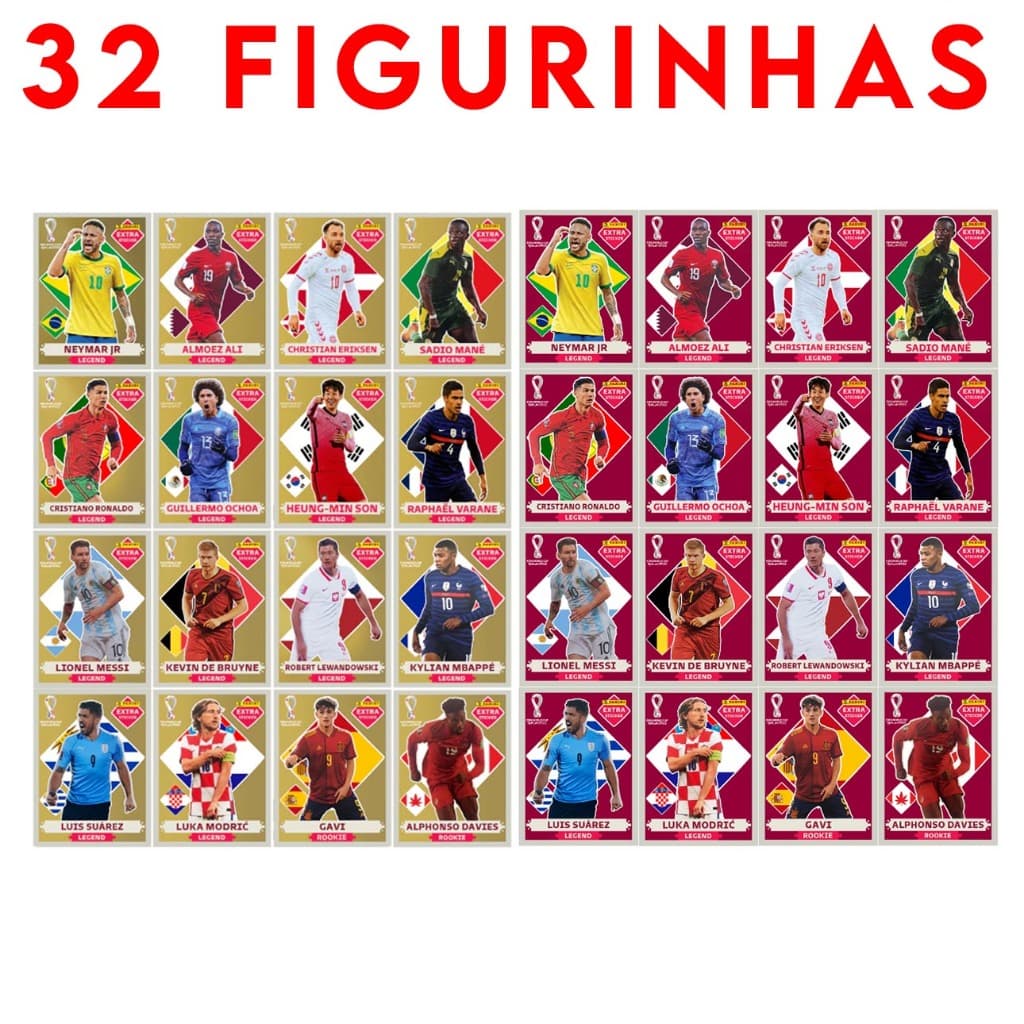 kit 32 Figurinhas Legends NEYMAR Copa do Mundo 2022 Cristiano Ronaldo - CR7 - OURO -Extra Sticker - Messi, Neymar