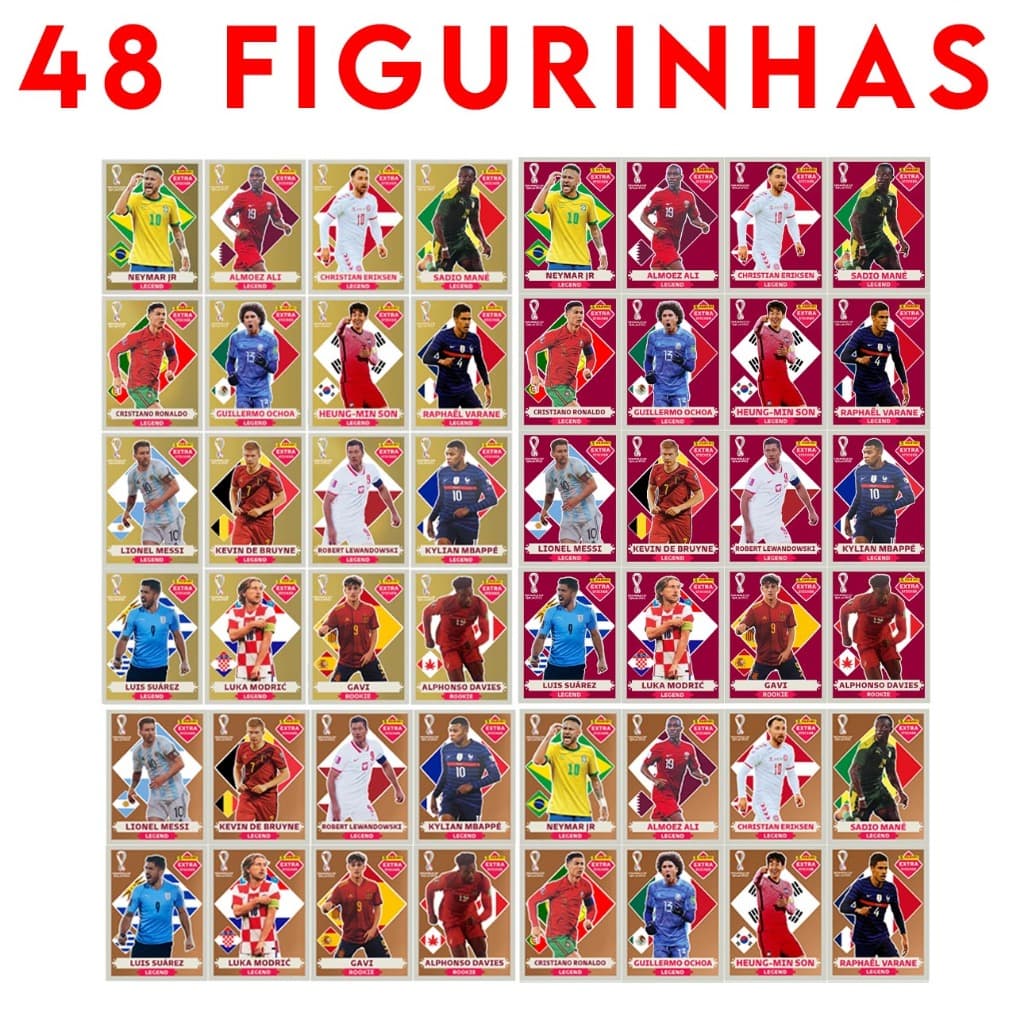 kit 48 Figurinhas Legends Cristiano Ronaldo Copa do Mundo 2022 - Neymar - CR7 - Extra Sticker - Messi