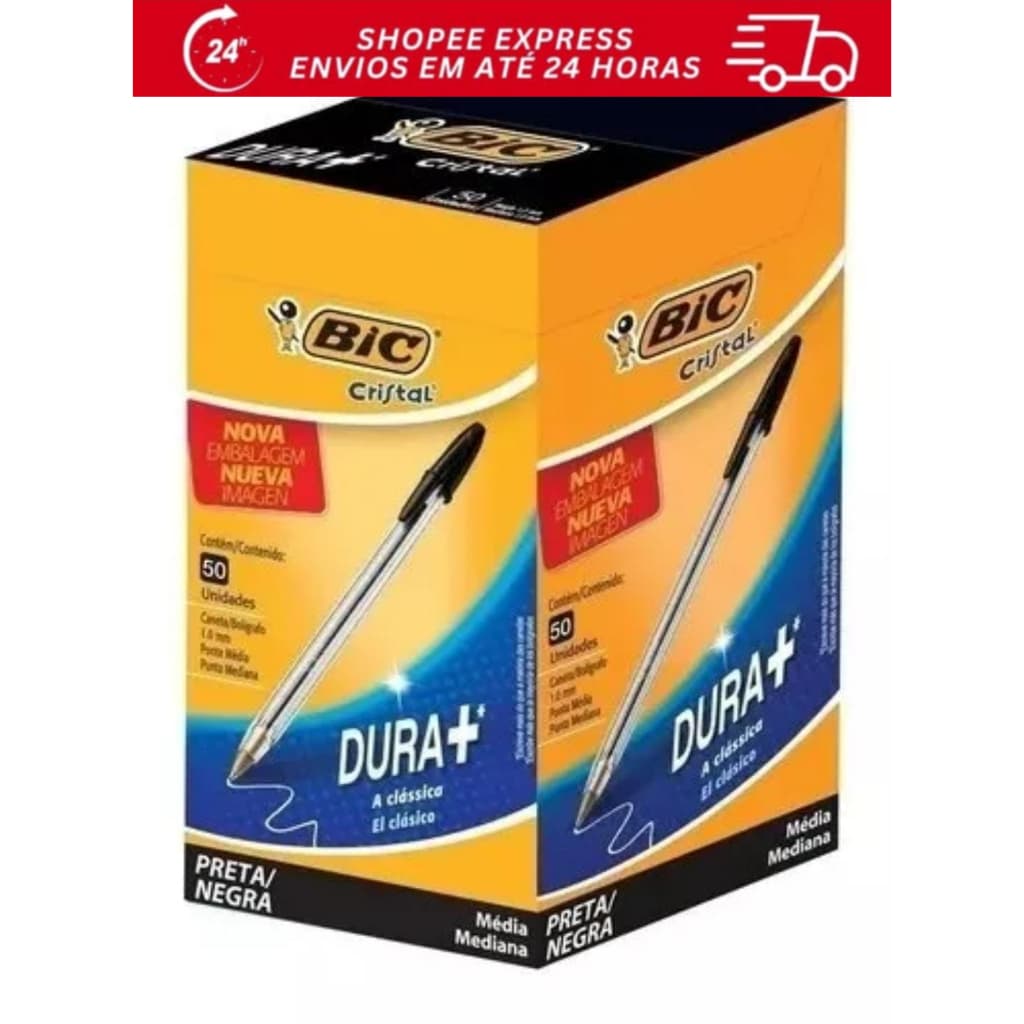 Caneta BIC Preta Cristal 1.0mm – Caixa com 50 Unidades – Escrita Suave e Alta Durabilidade