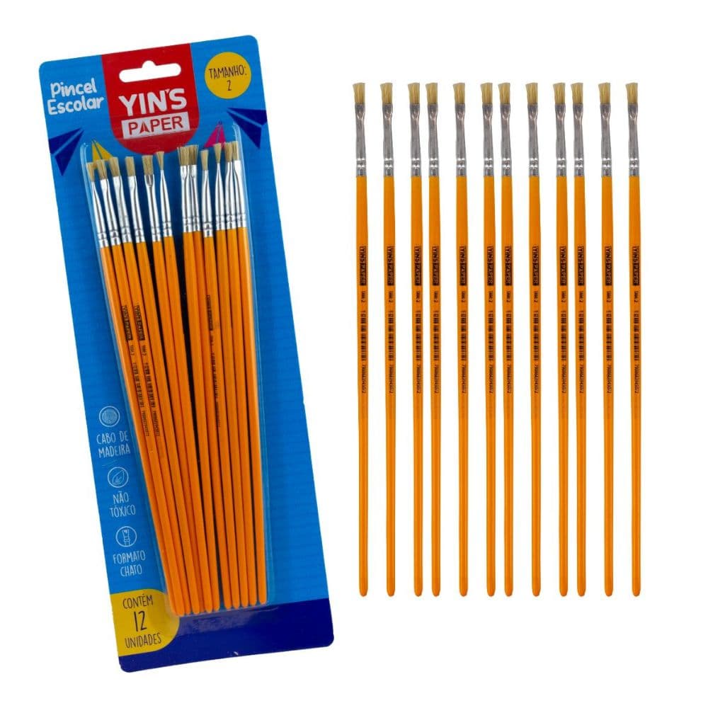 Kit com 12 Unidades Pincel Escolar Chato Nº 0, 2, 4, 6, 8, 10, 12, 14 Amarelo Yins Paper