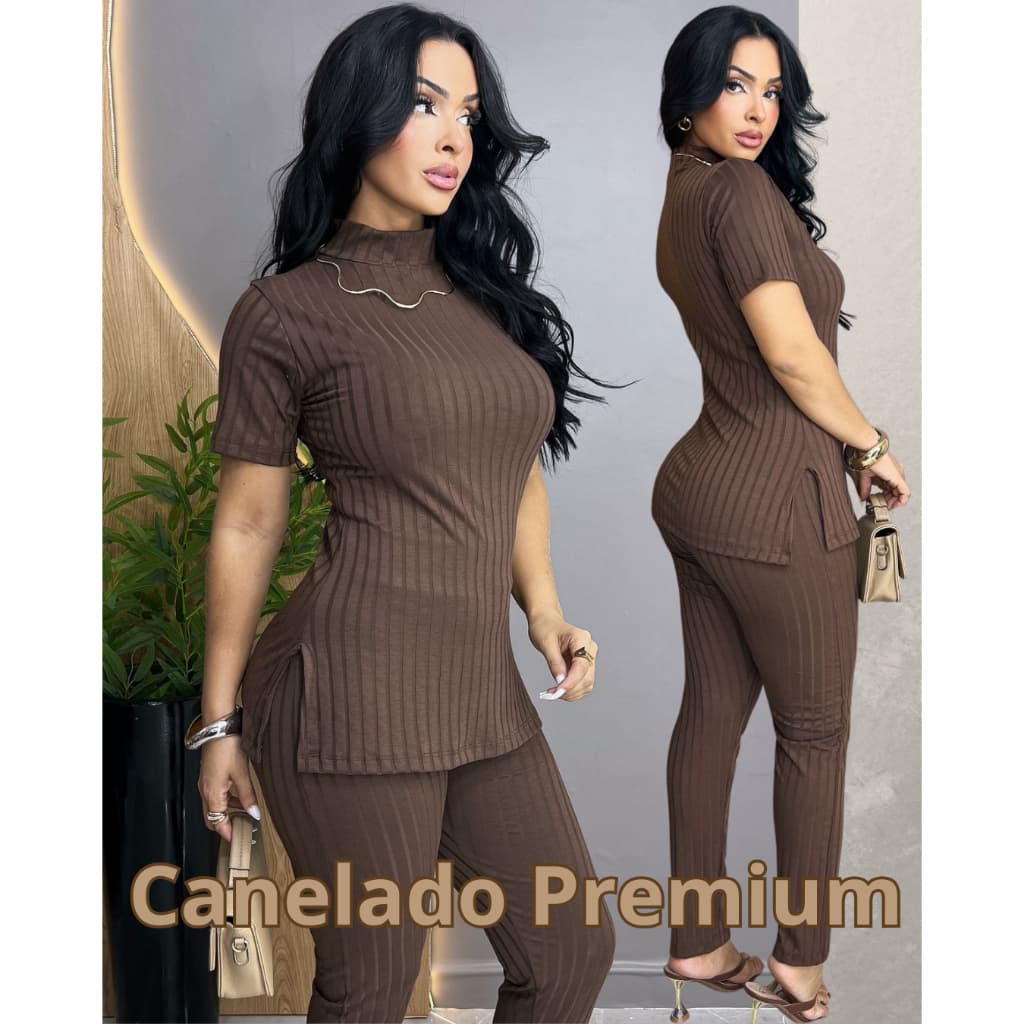 Conjunto Feminino Canelado Calça e Blusa Com Fenda na Lateral Tecido Premium