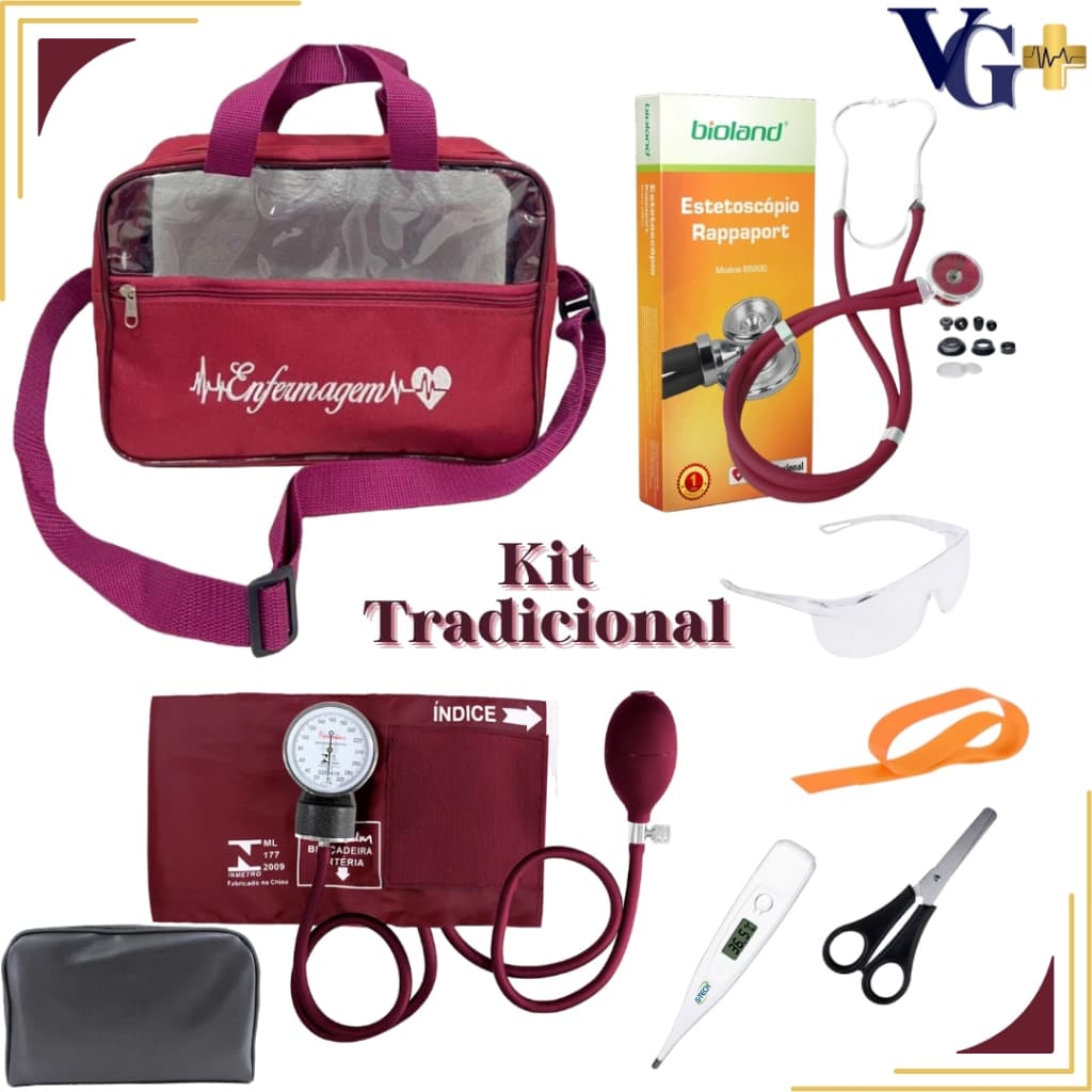 Kit de Enfermagem Profissional Tradicional - Esteto, Esfigmo, Bolsa e Material de Bolso