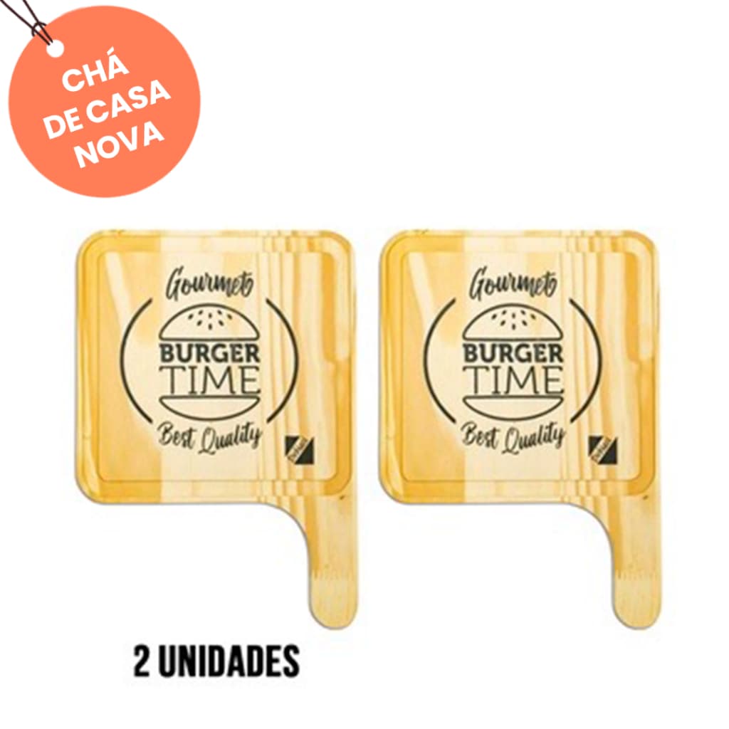 PROMOÇÃO 4.4  KIT 2 Tábuas de  Madeira Natural "Burguer Time" para Hamburguer, Petiscos