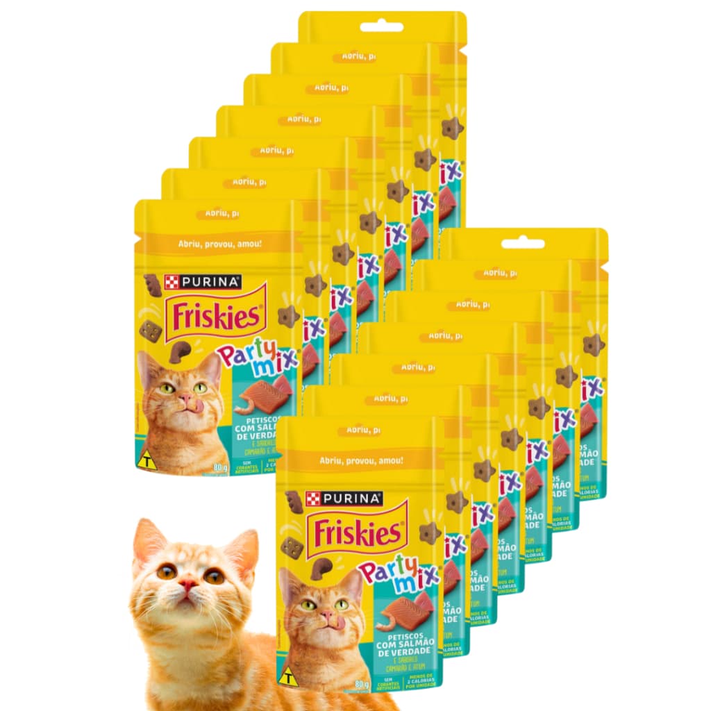 15 Petisco Para Gatos Friskies Party Mix Purina Ração e Alimento Sabor Salmão Adulto Filhote