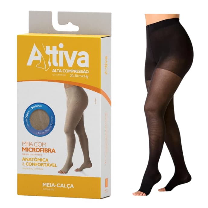Meia Calça Alta Compressão 20-30mmHg Cor preta Ponteira Aberta Varizes - Attiva