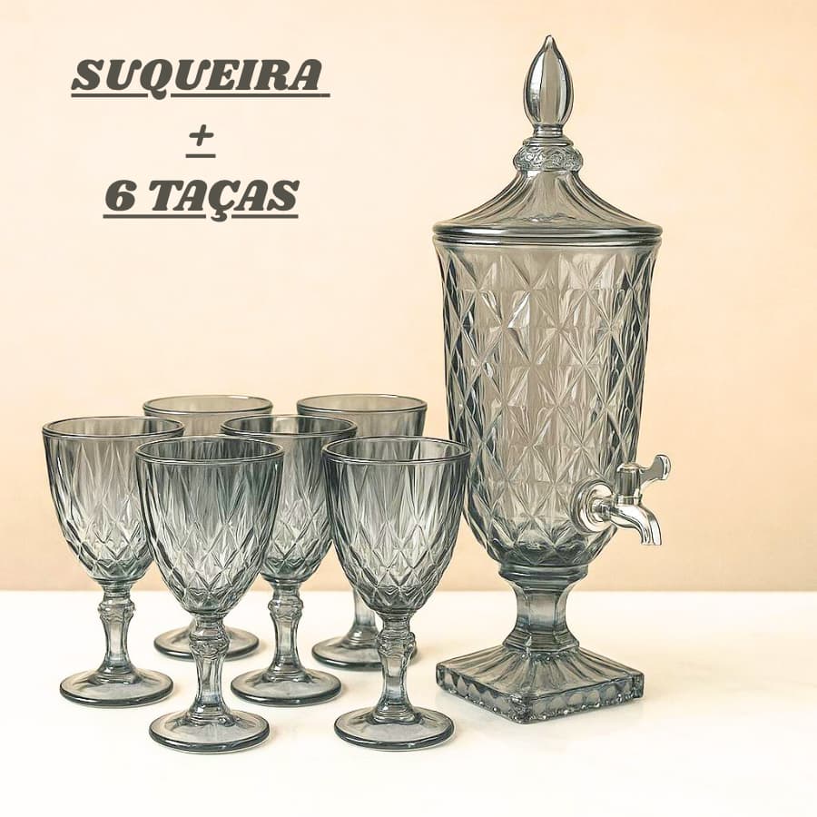 Kit Suqueira De Crystal com Taça Copo Torneira 2 litros Vidro Temperado Decorativo