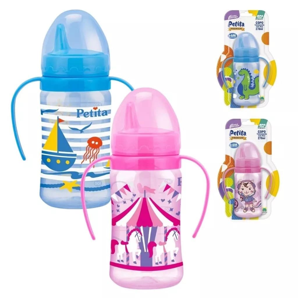 Copo Infantil Petita 270 ml com Alça | Bico Rígido Antivazamento | Válvula Redutora de Fluxo | Livre de BPA