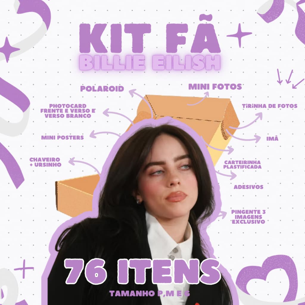 KIT FÃ BILLIE EILISH - TODOS AS ERAS [O VIRALIZADO] - ATÉ 76 ITENS - PHOTOCARD • ADESIVOS • CHAVEIRO