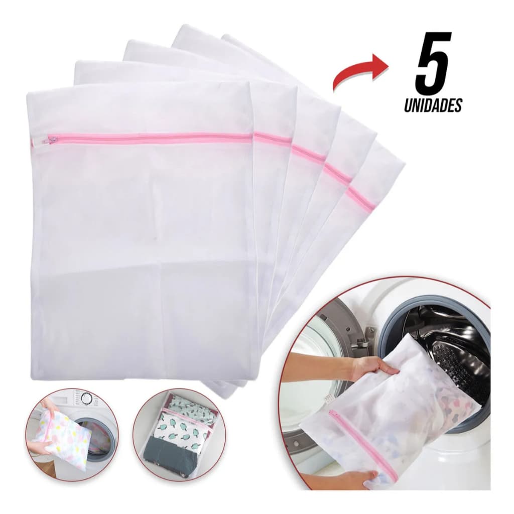 Kit 5 Sacos Lavar Roupas Protetor Lingerie Roupa intima Tecido Delicado Papa Bolinha Máquina 30x40cm Com Ziper Protetor