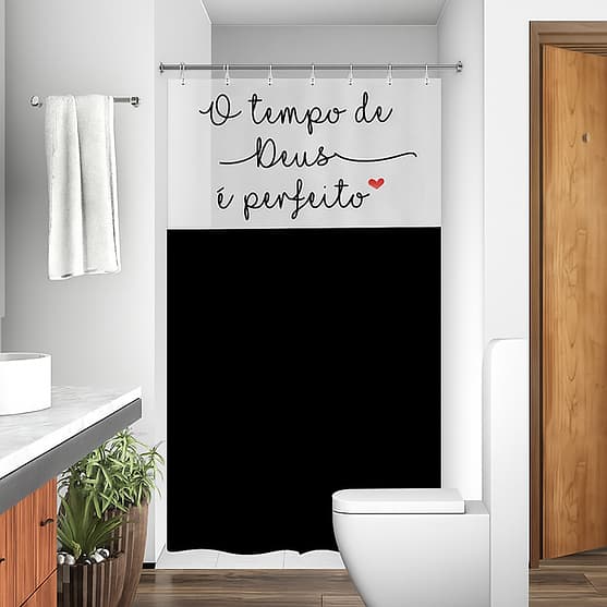 Cortina Box Banheiro com Ganchos - FRASE DEUS - com Visor Anti Mofo Resistente Alta Qualidade PVC