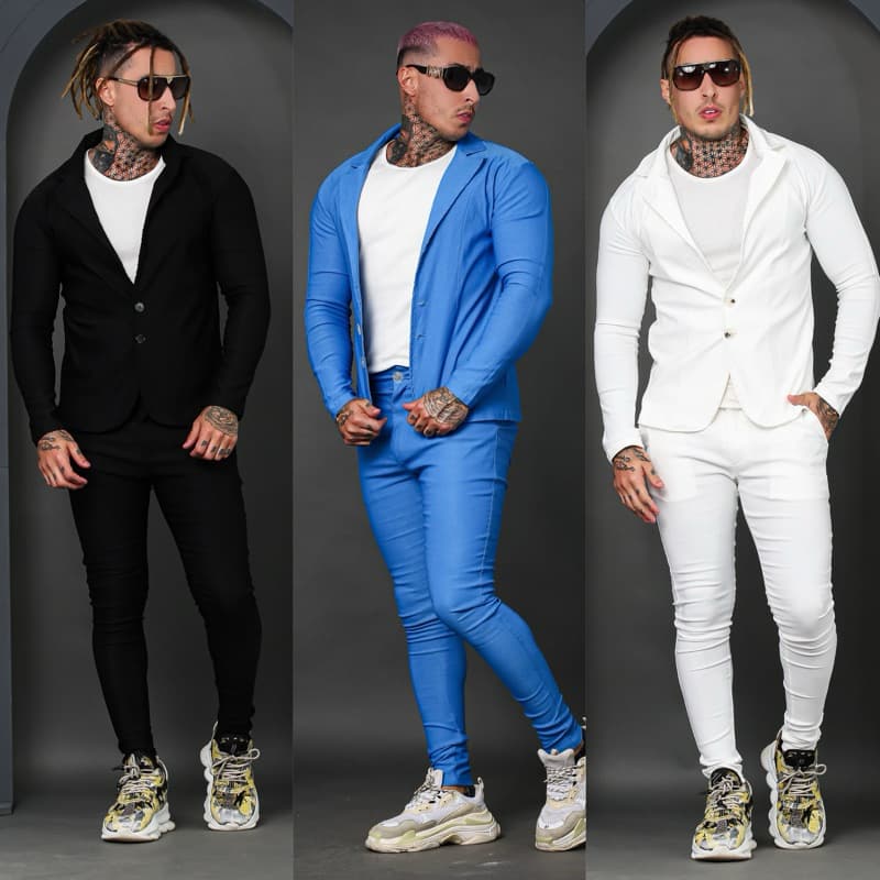 Conjunto Blazer E Calça Alfaiataria Preto Branco Azul Masculino Slim Calça Esporte Fino