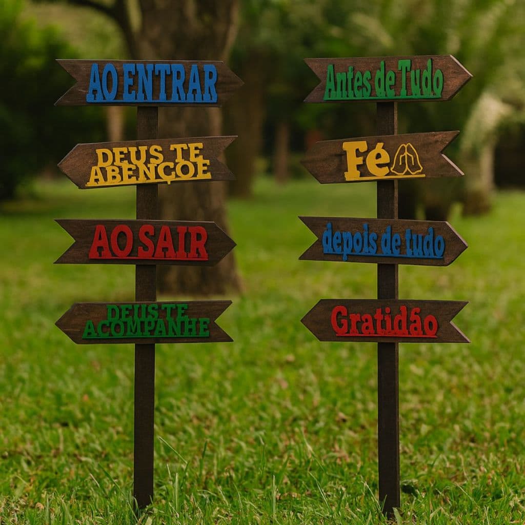 Kit 2 Placas Chão Enfeite De Jardim Madeira Rústica Decoração Edicula Quintal Casa Frases