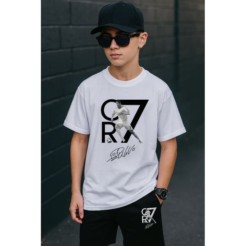Conjunto Infantil CR7 Cristiano Ronaldo Tecido Premium, Bermuda com Bolso e Cordão, Camiseta Algodão DTF Tamanho 8 ao 16