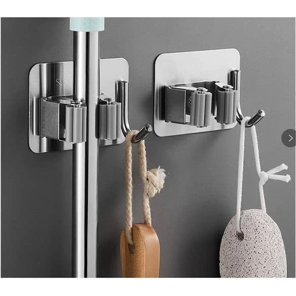 Kit 5 Suporte Para Pendura Inox SUS 304 Autoadesivo, com 1 Vassoura, 1 Rodo e 1 Gancho