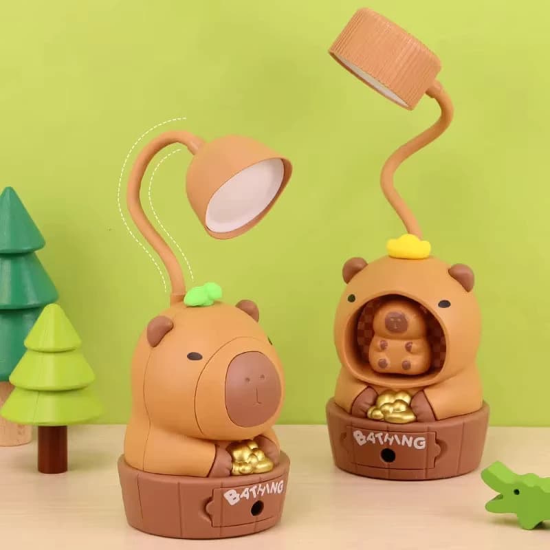 Candeeiro De Mesa Infantil Capivara-Apontador + Luz Noturna , Bateria De 8h , Cores Suaves , Carregamento USB