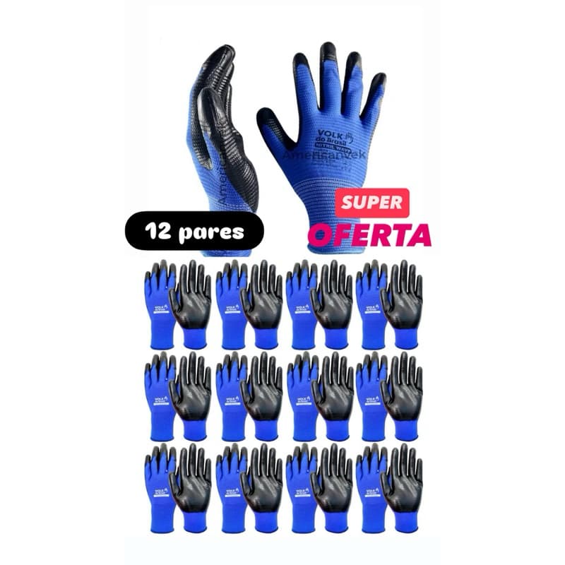 Kit 12 Pares Luva EPI Multitato Volk Nitril Wave  Emborrachado Impermeável Banho Nitrílico Mecânico Montagem. Tamanho G