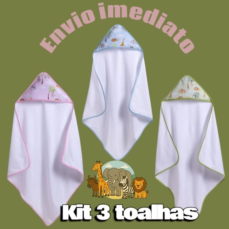 kit de  3 de toalha de capuz forrada várias estampas menina e menino 3 itens