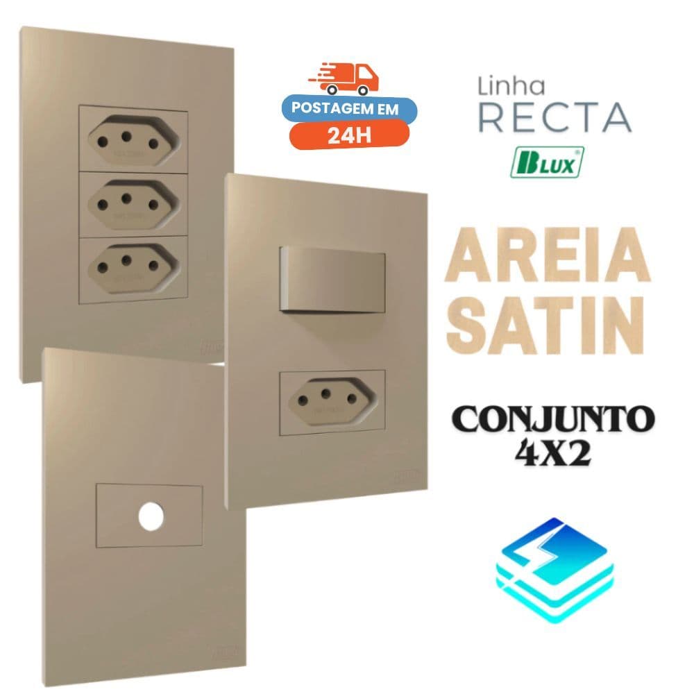 Conjunto Tomada Areia Fosca 4x2 Tomada 10a 20a Interruptor Simples Paralelo Recta Areia Satin Blux