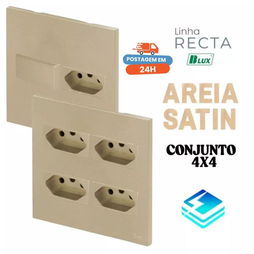 Conjunto Tomada Areia 10a 20a Interruptor Simples Paralelo Recta Areia Satin Blux 4x2 4x4
