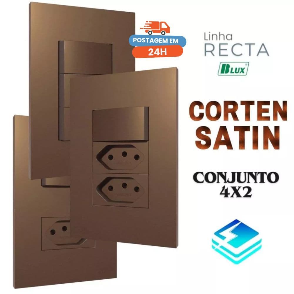 Conjunto Tomada Cobre Corten Bronze 4x2 10a 20a Interruptor Simples Paralelo Recta Corten Fosco BLUX