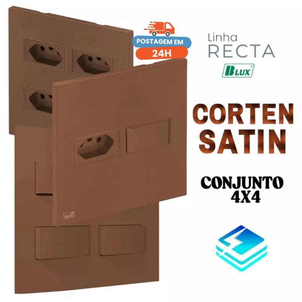 Conjunto Tomada Cobre Corten Bronze 4x4 10a 20a Interruptor Simples Paralelo Recta Corten Fosco BLUX