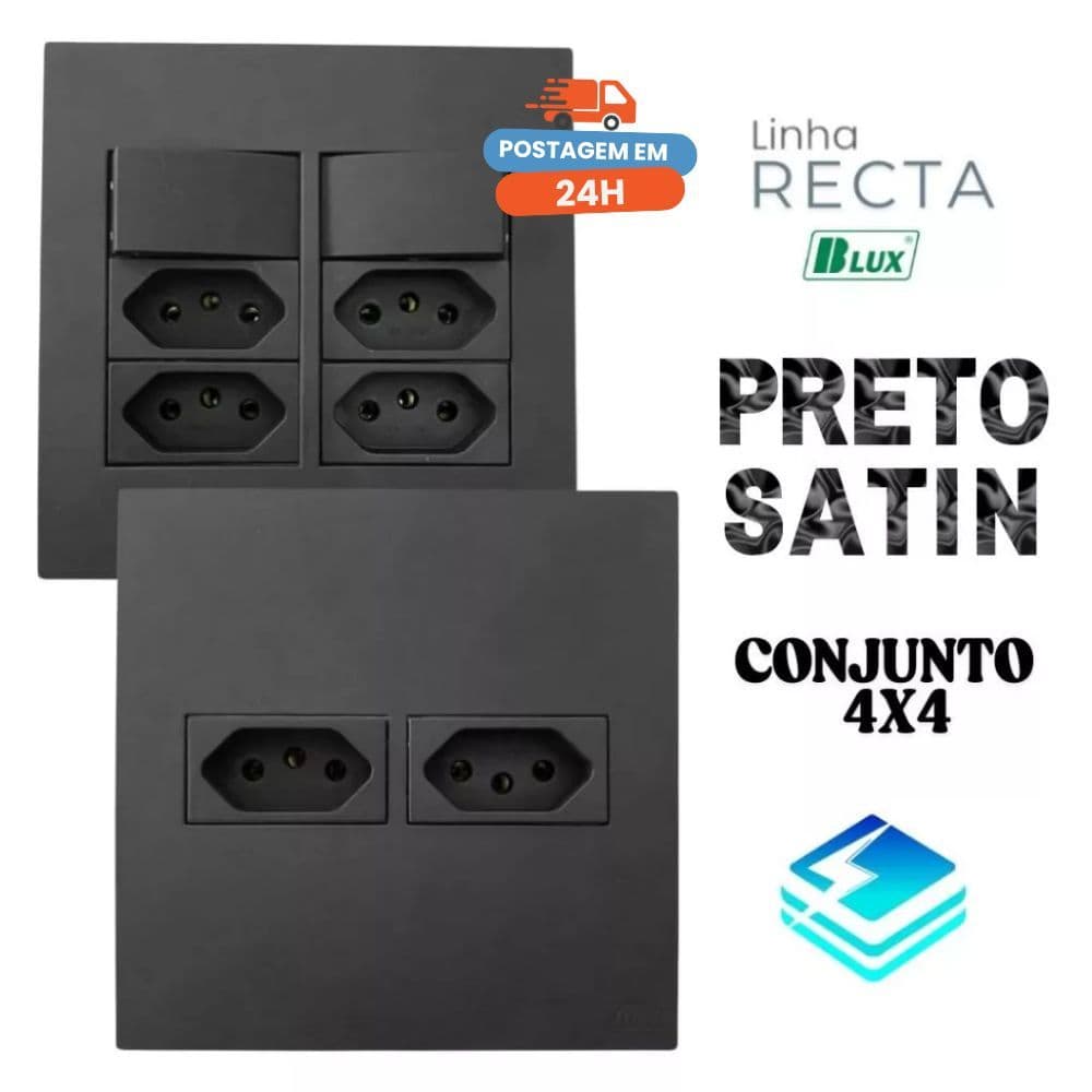Tomada Preto Fosco 4x4 10a 20a Interruptor Simples Paralelo Conjunto Recta Preta Satin BLUX