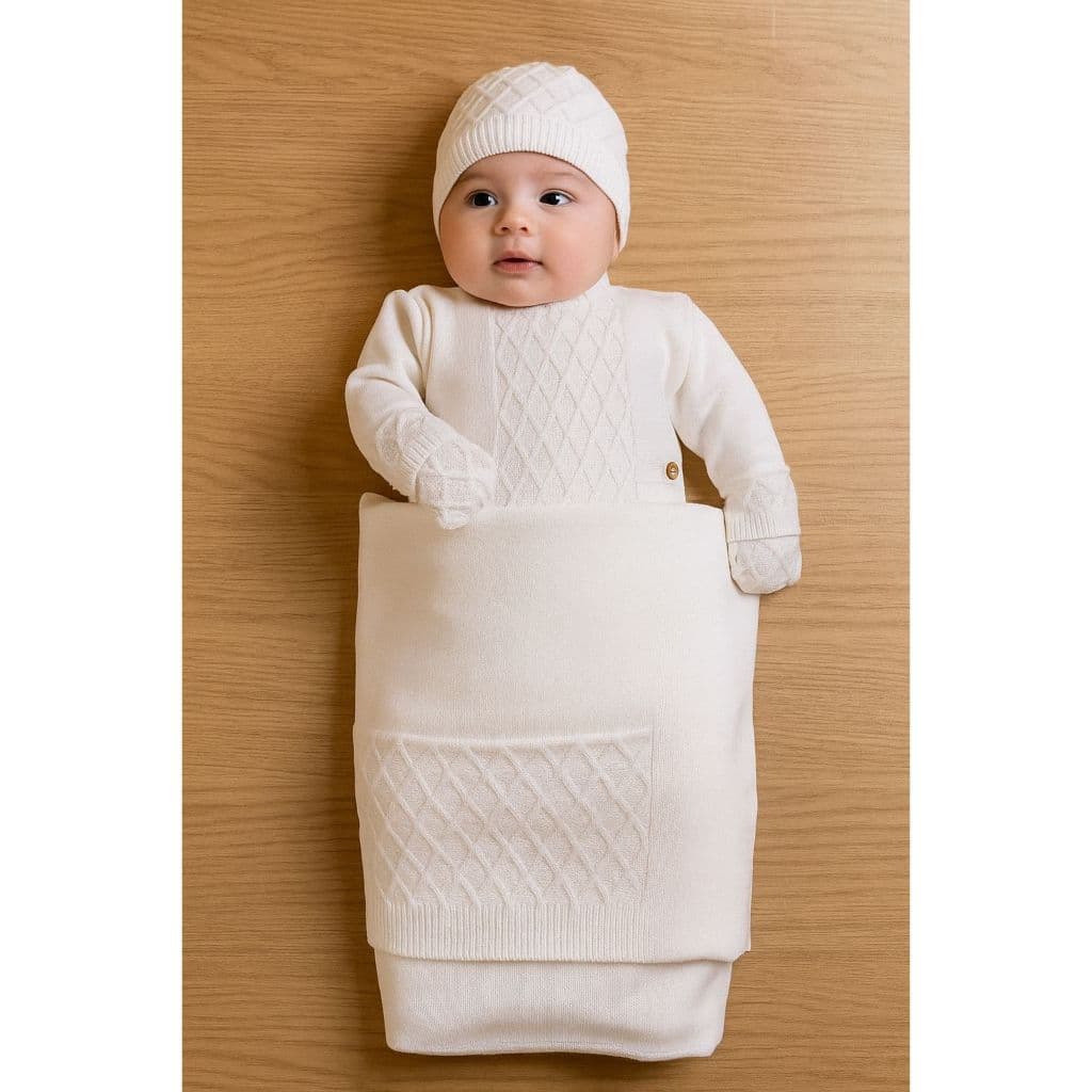 Kit Gorro Macacão Manta Luva Modal Saída Maternidade Récem Nascido Bebê Tricô