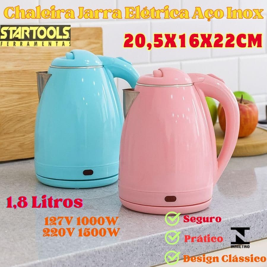 Chaleira Jarra Elétrica Inox 1,8L 1500W 220V Ou 1000W 127V Rápida Ferve Água Automática Azul Ou Rosa
