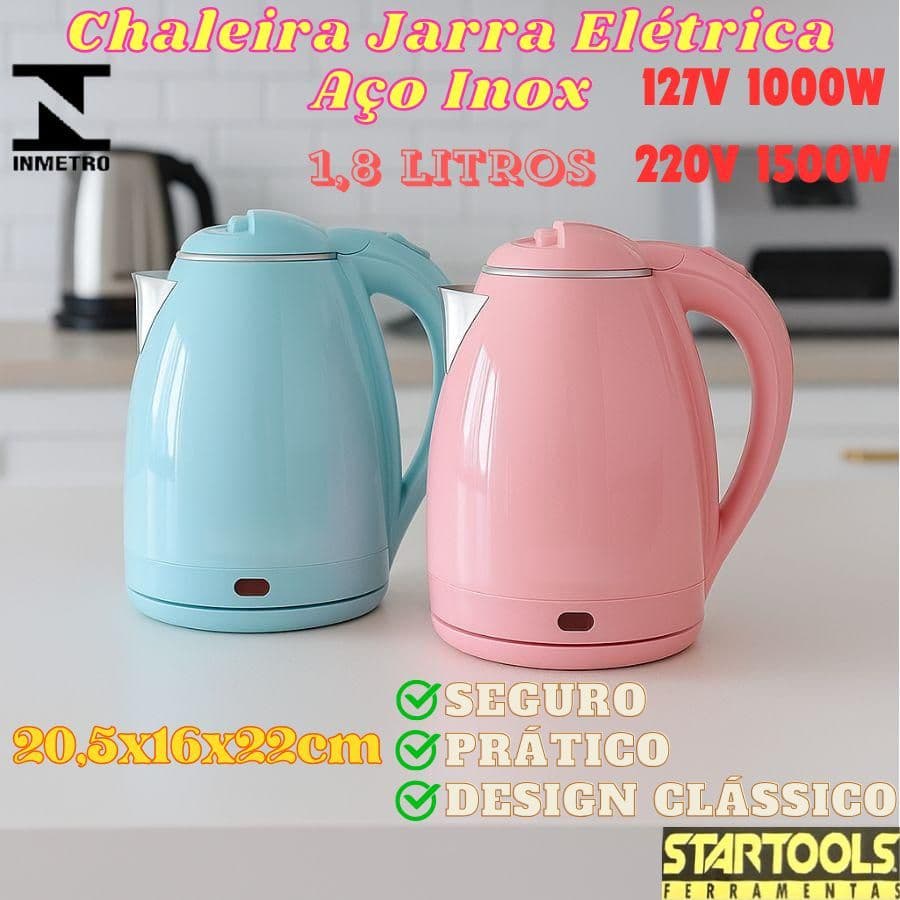Chaleira Jarra Elétrica Inox 1,8L 127V 1000W Ou 220V 1500W Rápida Ferve Água Automática Rosa Ou Azul