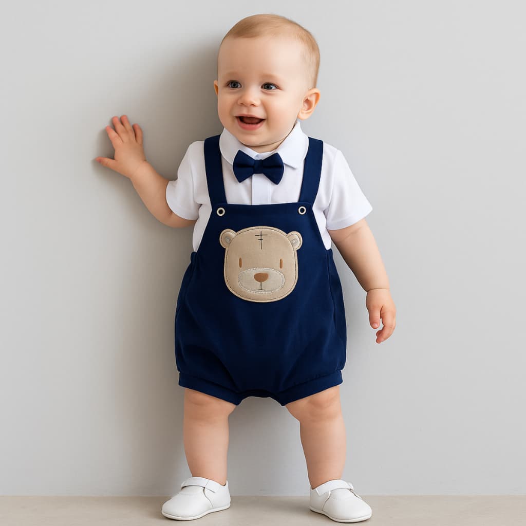 Conjunto Romper Bebê Menino Social em Malha com Bordado + Gravata Borboleta em 2 Peças