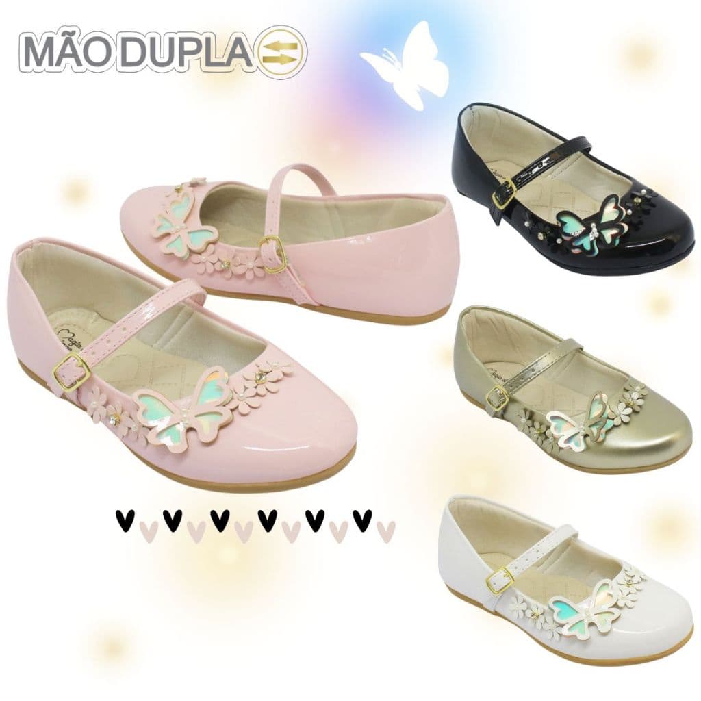 Sapatilha Infantil Menina Boneca Confortável Batizado Casamento Daminha da Mão Dupla Borboleta Flor