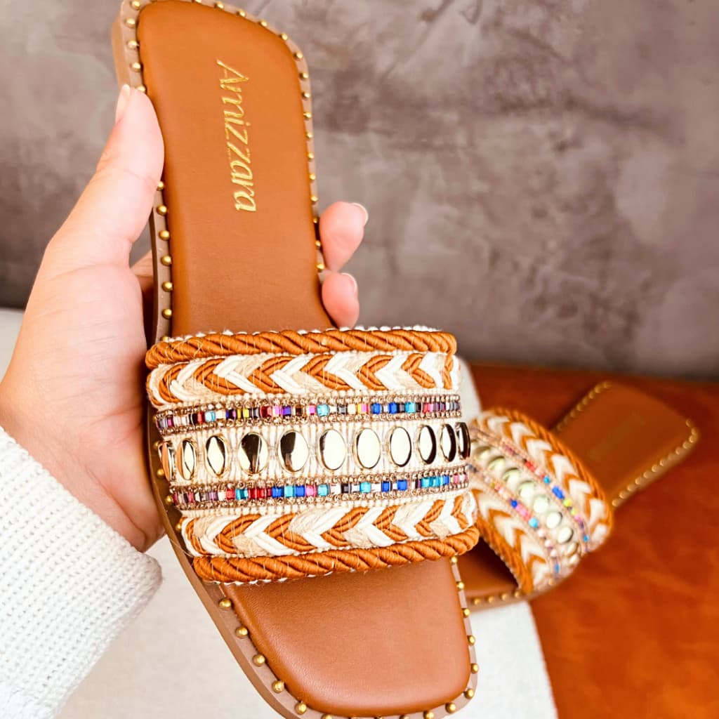 Rasteirinha Estilo Boho Chic Exclusiva Feminina Tecido Artesanal Sandália Marrocos Indiana Bico Quadrado