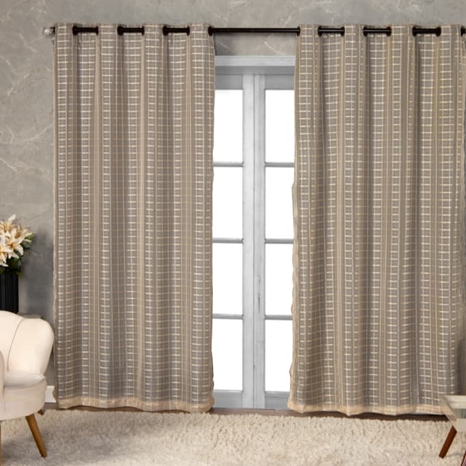 Cortina Blackout prata com Voil Xadrez 2,80 m x 2,30 m Decoração Sala Quarto