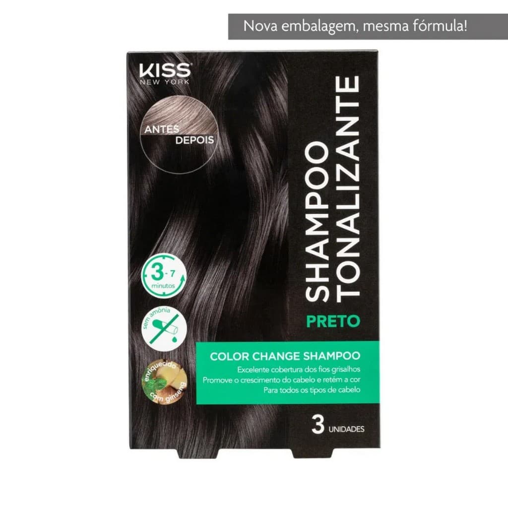 🧴 Color Change Shampoo Kiss New York - Preto ✨ Adeus fios brancos em até 7 minutos! ✨