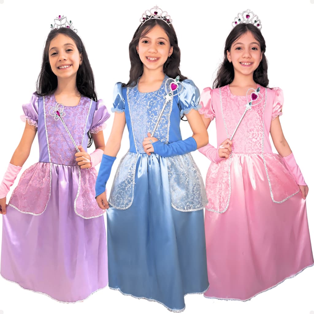 Vestido Longo Fantasia de Cetim Princesas Menina Luxuoso Luvas Coroa Varinha Confortável