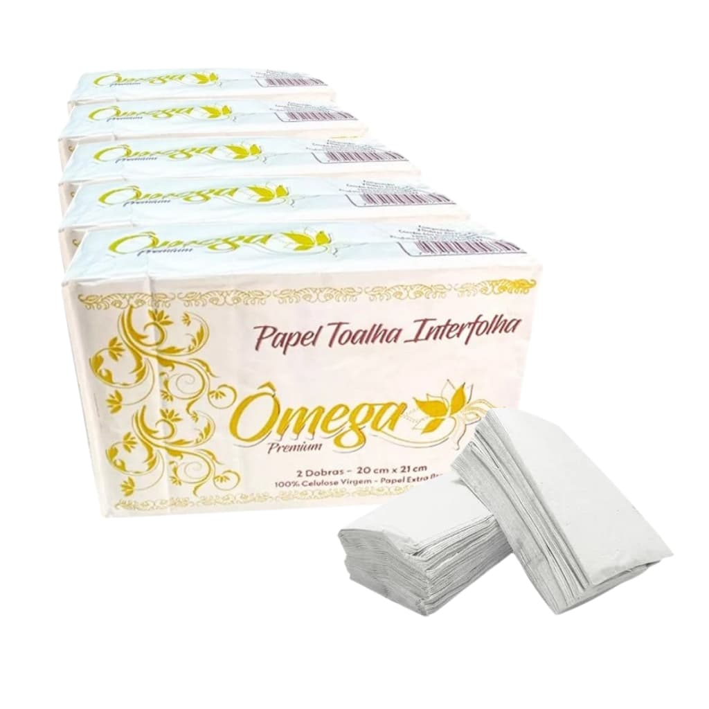 5 Pacotes de Toalha de Papel Omega Premium Grande Duas Dobras Branco Restaurante Bar Hotel Atacado