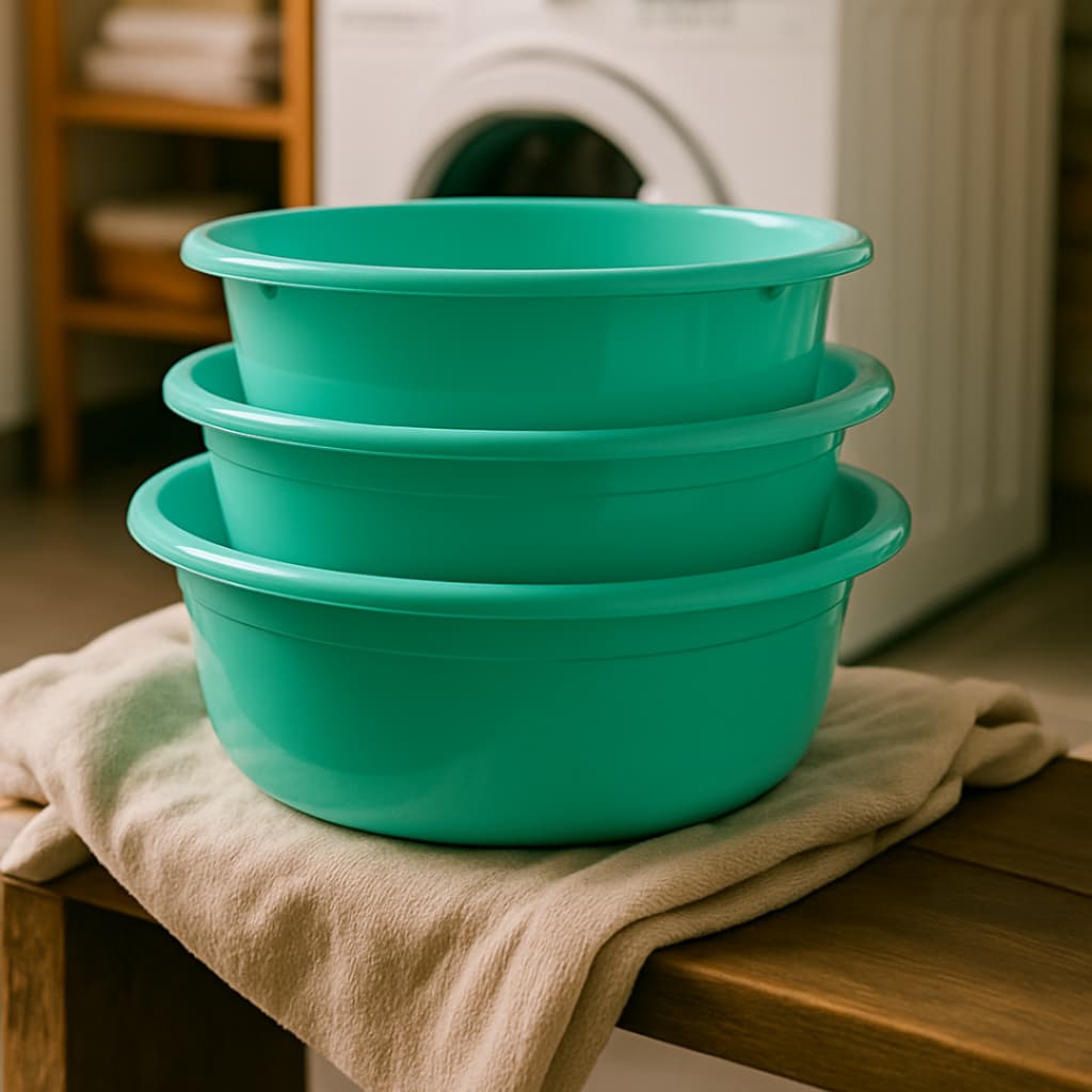 Jogo com 3 Bacias Redondas Plásticas Resistentes para Cozinha e Lavanderia Canelada P M G