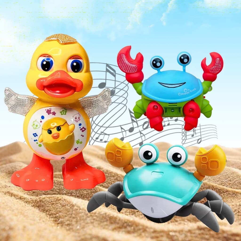 Kit Pato Caranguejo Fujão Brinquedo Musical Que Dança Patinho Dançarino Dancing Duck Anda Mexe com Luz Som Sensor