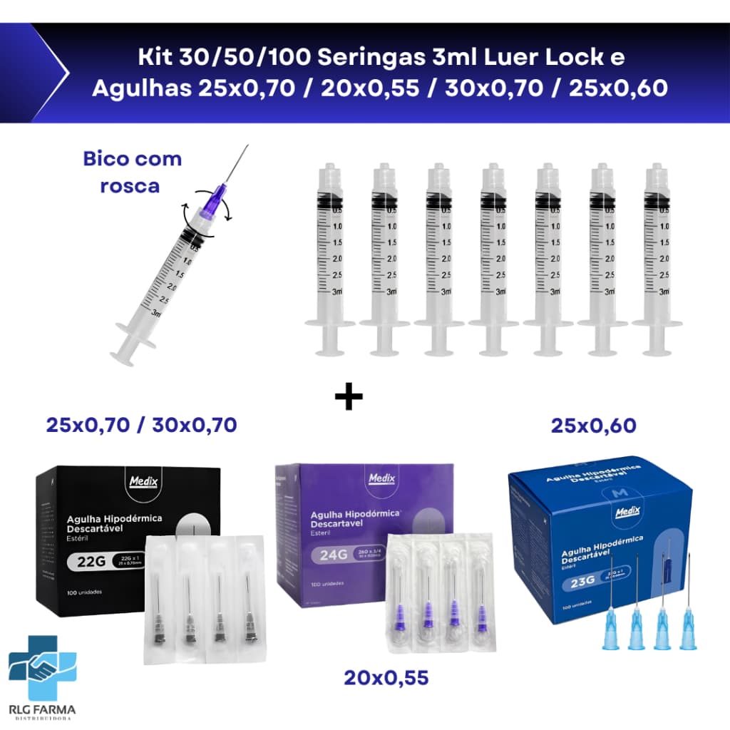Kit Seringas de 3ml Luer Lock Rosca + Agulhas 25x7 / 30x7 / 20x55 / 25x0,60mm