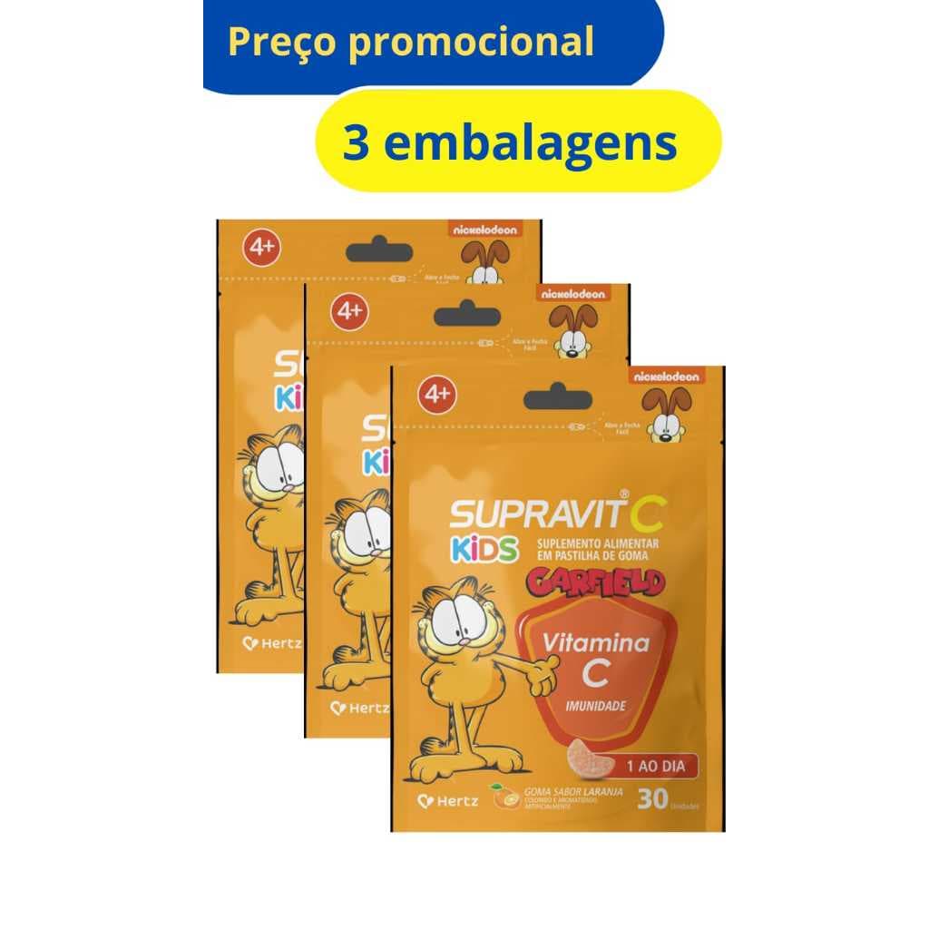 Kit com 3 Pacotes Supra C Kids Suplemento de Vitamina C sabor laranja total de 90 gomas.
