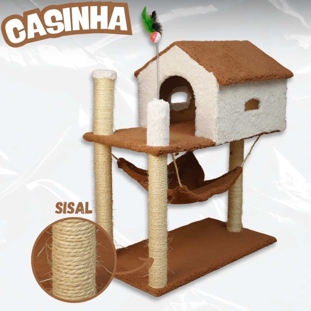 Casinha Para Gato 2 Andares com Arranhador e Brinquedo